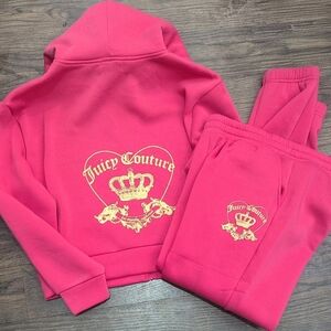👑New 2pc Juicy Couture Pink Gold Crown Hooded Zip Sweatshirt + Pants Pockets